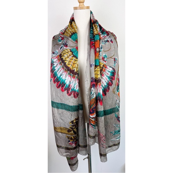 Vintage Native American Feather Patterned Large Silk Scarf